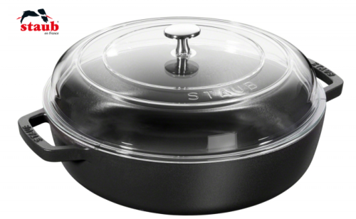 Sauteuse en fonte émaillée Staub noir mat de 26 cm avec couvercle en verre