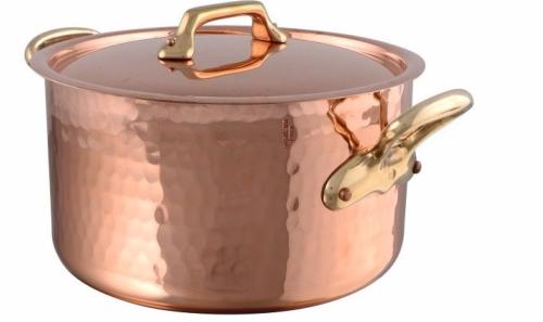 BASSINE A RAGOUT AVEC COUVERCLE EN CUIVRE ÉTAMÉ MONTURE BRONZE M'TRADITION MAUVIEL  40 CM