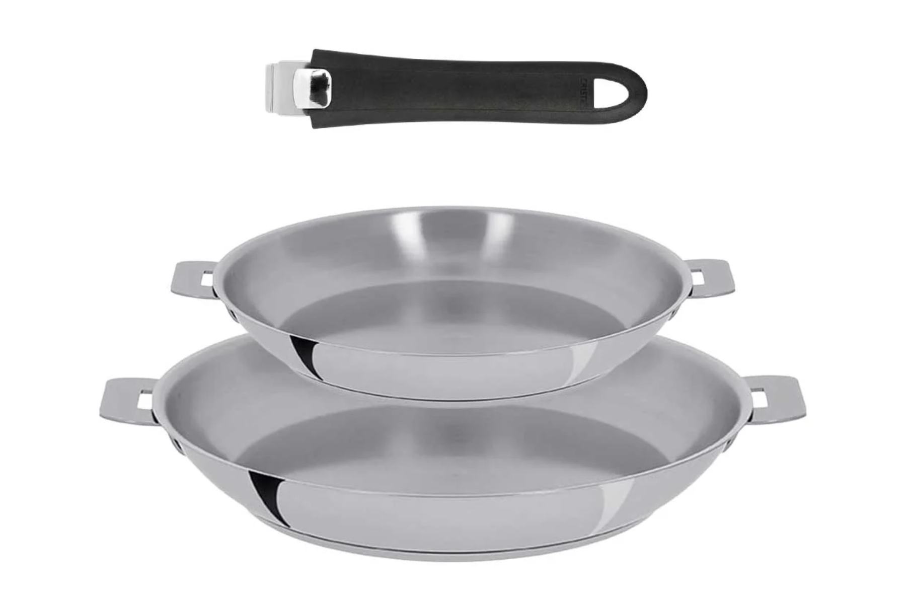 Set 2 poêles inox 24/28cm Cristel Mutine + poignée noire